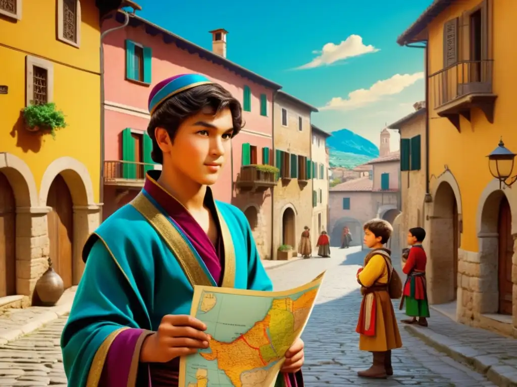 Marco Polo: Joven explorador en pintoresco pueblo italiano, rodeado de juegos y mirando un mapa con curiosidad