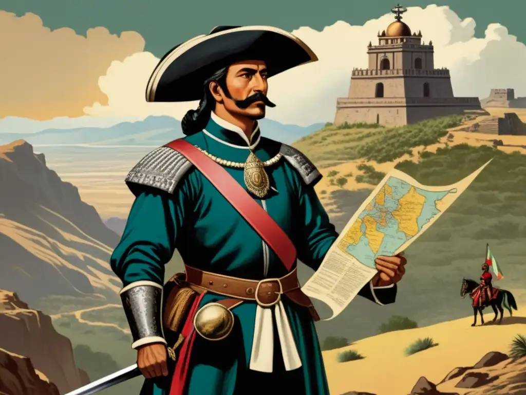 Francisco de Ibarra, explorador y conquistador de México, vestido de conquistador español, con mapa y espada, en paisaje desafiante