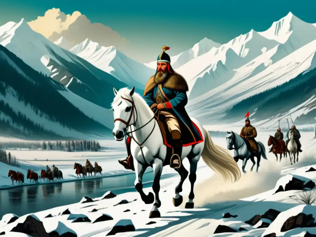 Ilustración de Yermak Timofeyevich liderando a los cosacos en la conquista de Siberia