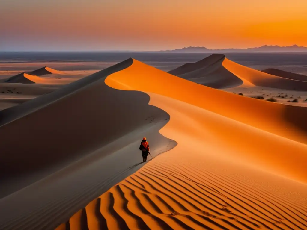 Paisaje de desierto al atardecer con explorador, mapa y brújula