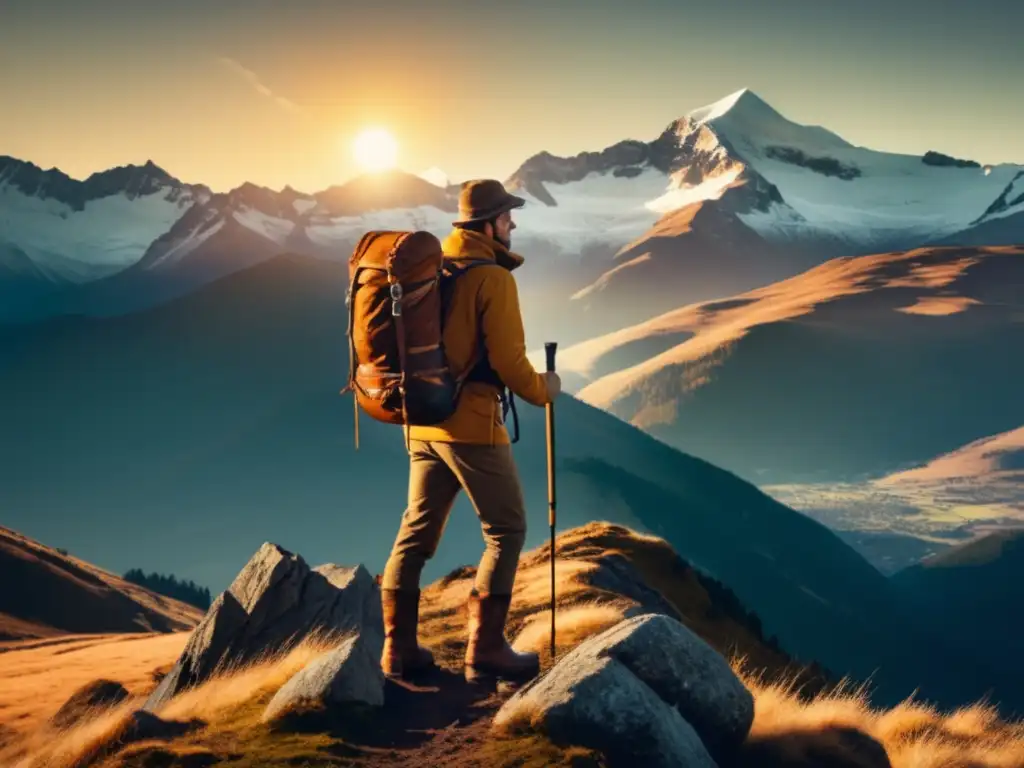 Explorador solitario en paisaje de montañas nevadas