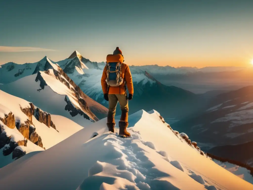 Explorador solitario en montañas nevadas: una imagen vintage que muestra la inmensidad y aislamiento de la naturaleza