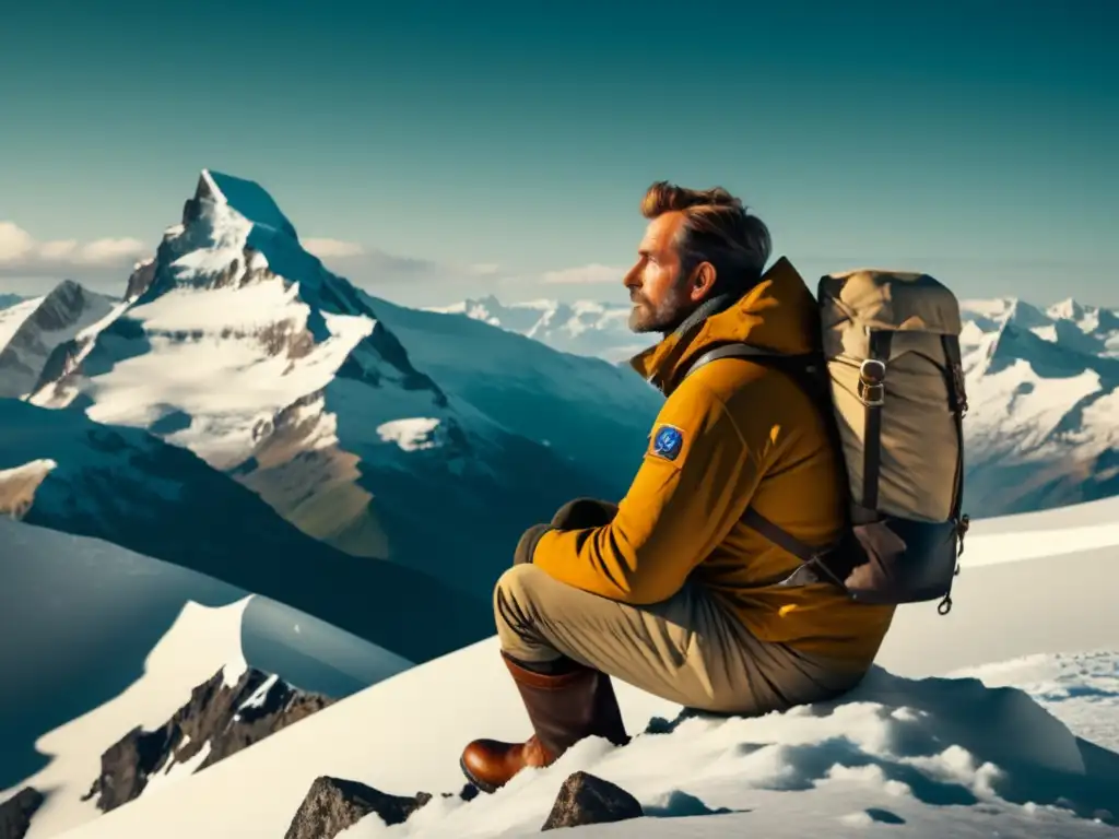 Explorador vintage solo en cima nevada de montaña - Aislamiento en grandes expediciones