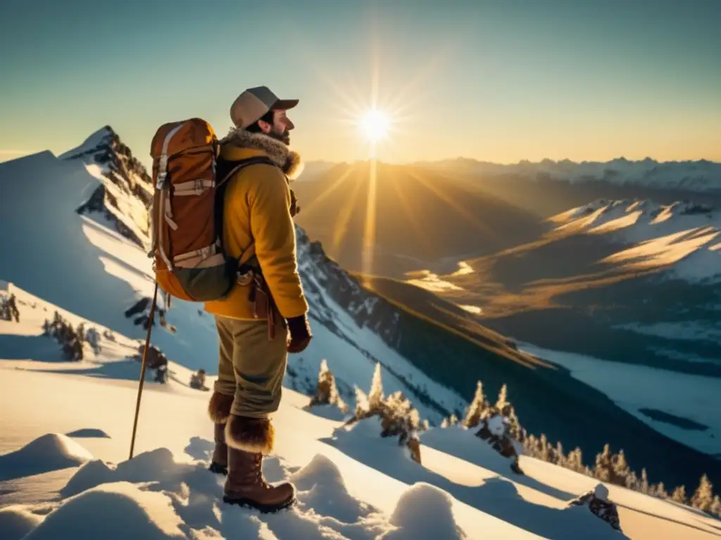 Explorador solitario en montañas nevadas, reflejando el aislamiento en las expediciones