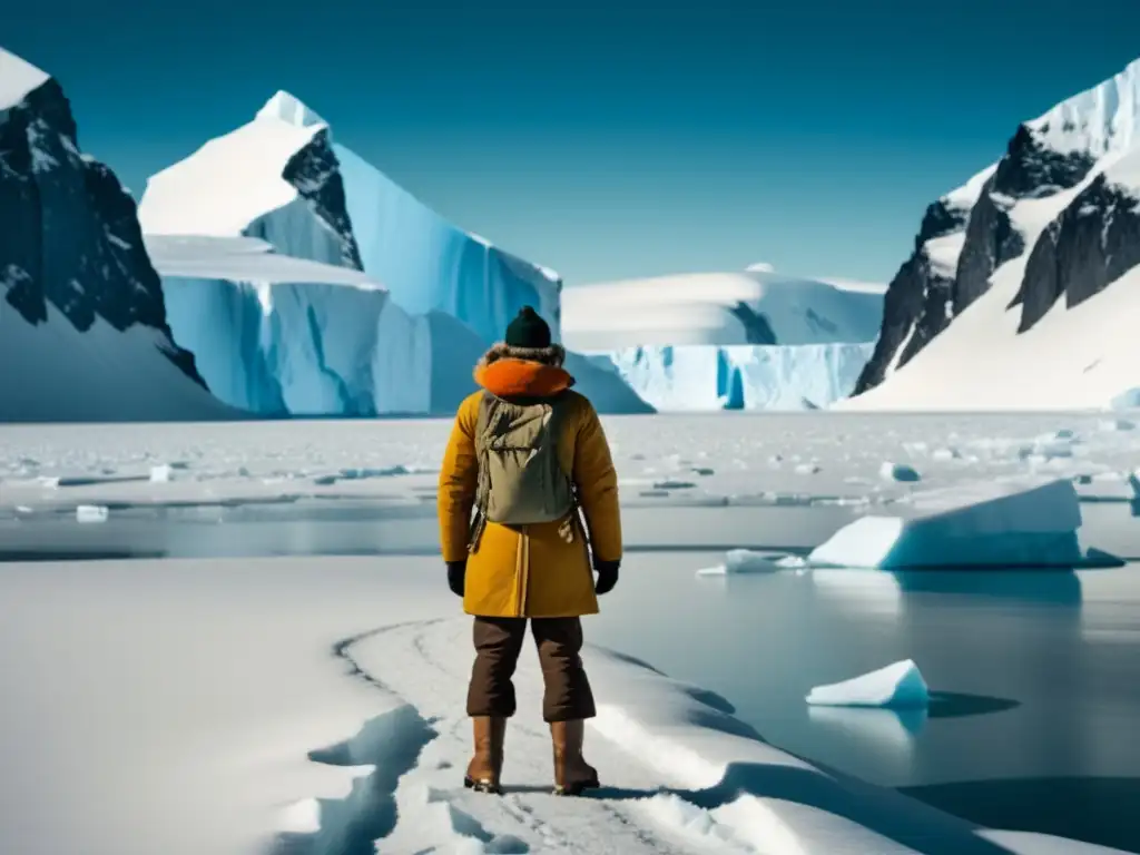 Explorador solitario en vasto paisaje nevado de la Antártida, reflejando fuerza y estrategias para combatir el aislamiento