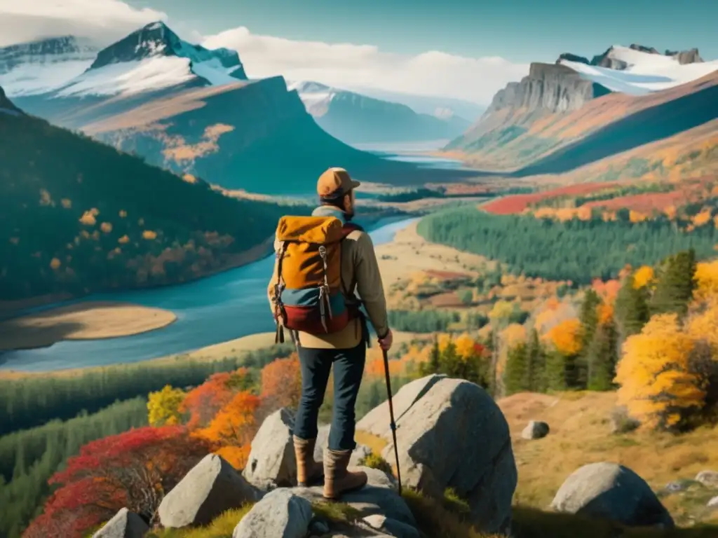 Un explorador solitario en un acantilado, con paisajes majestuosos y aislamiento