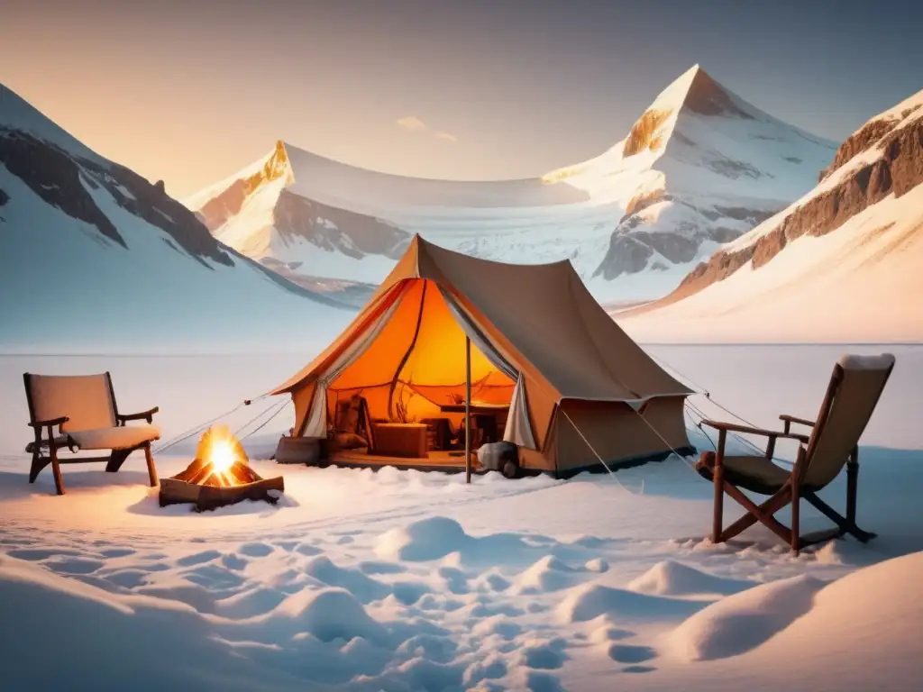 Campamento de explorador vintage en paisaje nevado