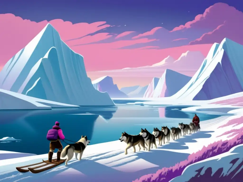 Ilustración vintage del paisaje ártico con icebergs y un vasto océano congelado