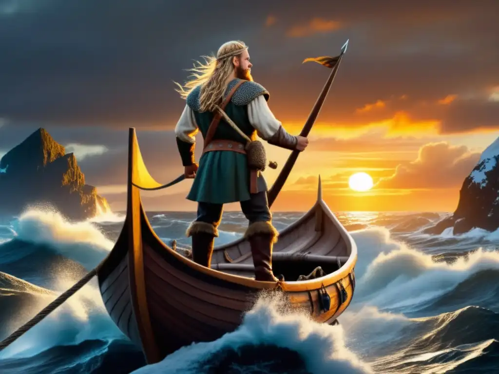 Leif Erikson en su barco vikingo, rodeado de un mar tumultuoso al atardecer