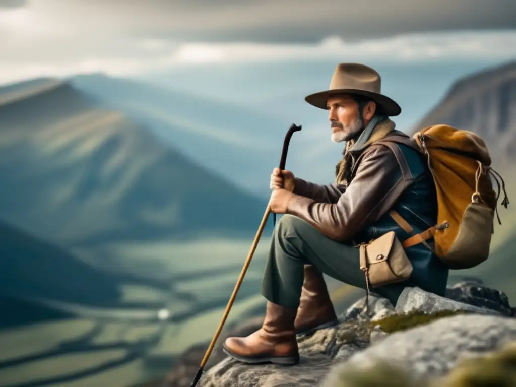 Explorador vintage en un acantilado, con montañas nevadas y la resistencia mental en expediciones históricas