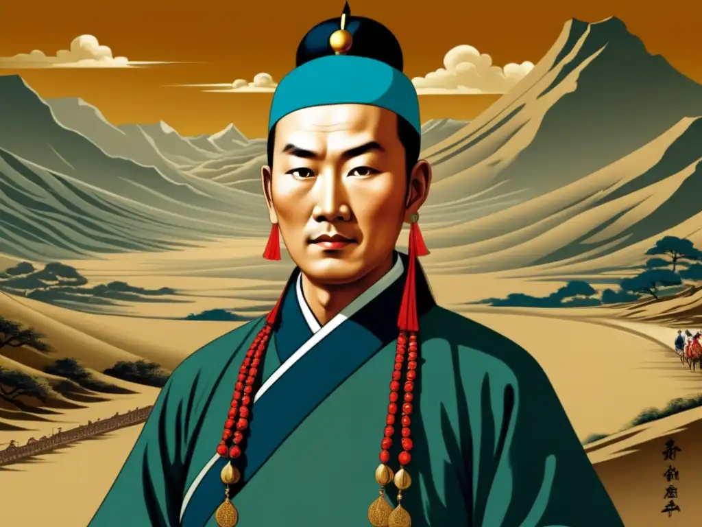 Retrato vintage del explorador Xuanzang en la Ruta de la Seda, con paisajes majestuosos y su contribución cultural