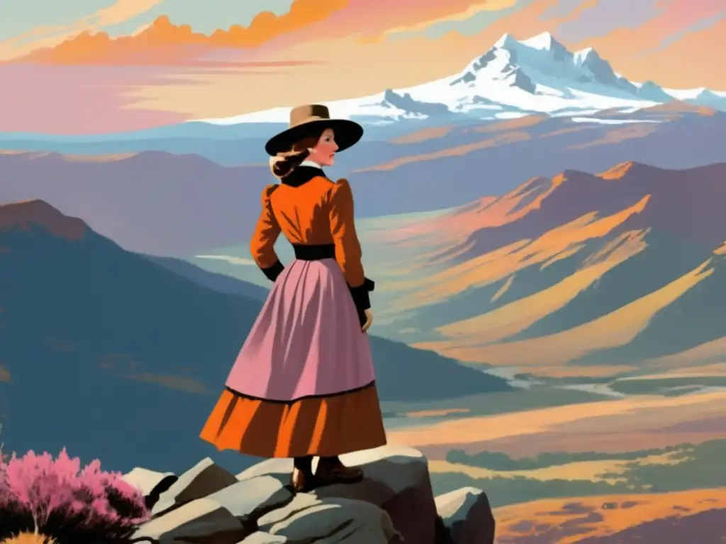 Harriet Chalmers Adams en el paisaje montañoso con puesta de sol