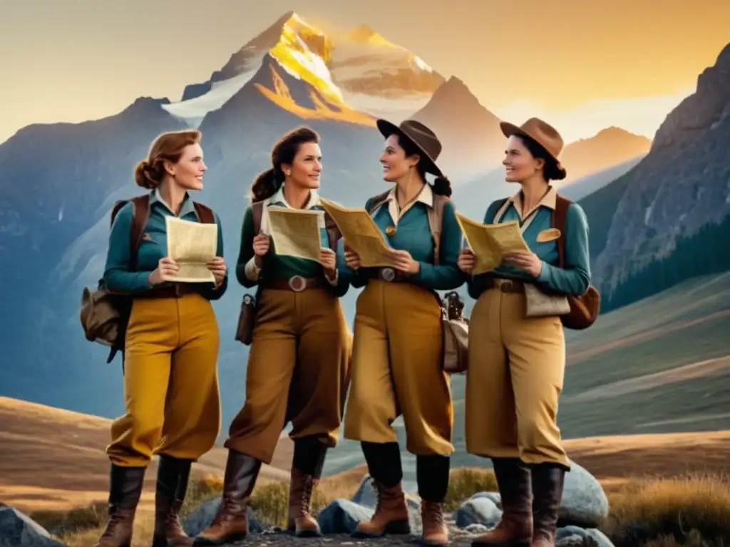 Mujeres exploradoras con determinación, mapas y brújulas en una majestuosa montaña, simbolizando su papel en expediciones históricas