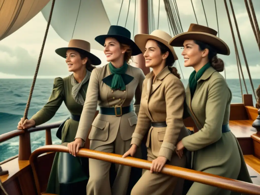 Mujeres exploradoras a bordo de un barco vintage navegando por los océanos, con atuendo tradicional y mirando con binoculares