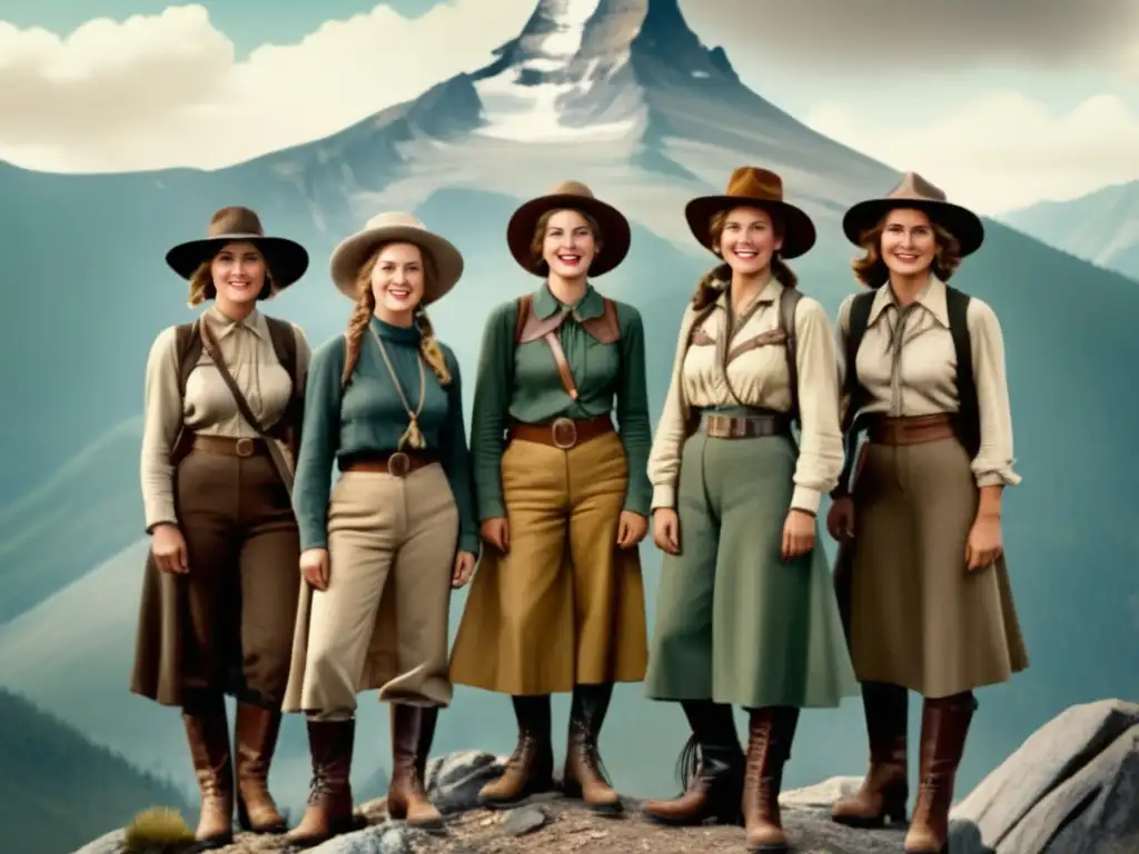 Grupo de mujeres exploradoras en la cima de una montaña, vestidas con estilo vintage, desafiando normas y dejando huella en la historia