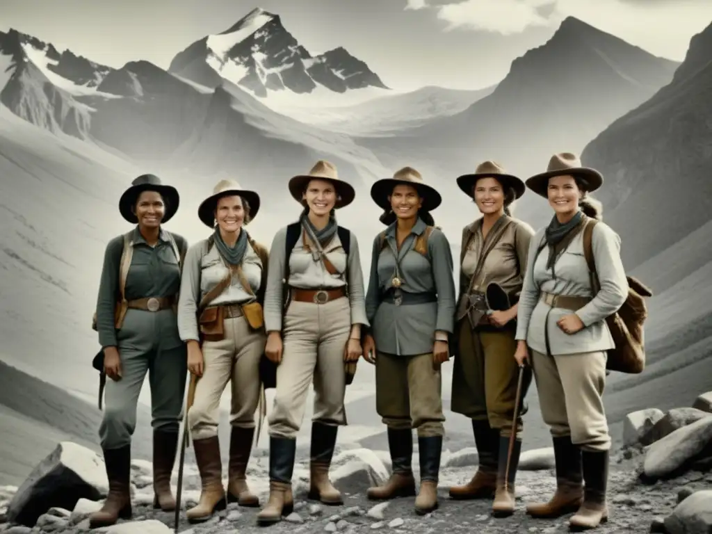 Mujeres exploradoras frente a majestuosa cordillera: historia de valentía y determinación en expediciones