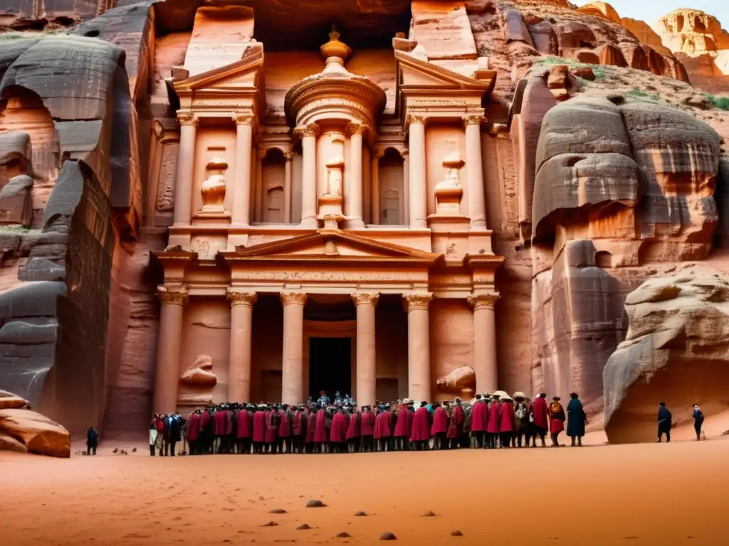 Grupo de exploradores europeos en la entrada de Petra, Ciudad Perdida (descubrimiento en Oriente Medio)