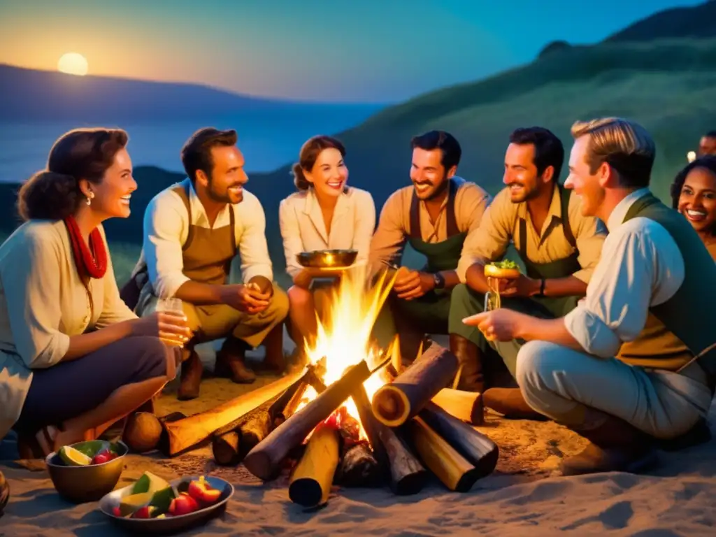 Exploradores disfrutando de una deliciosa gastronomía en una expedición vintage alrededor de una fogata