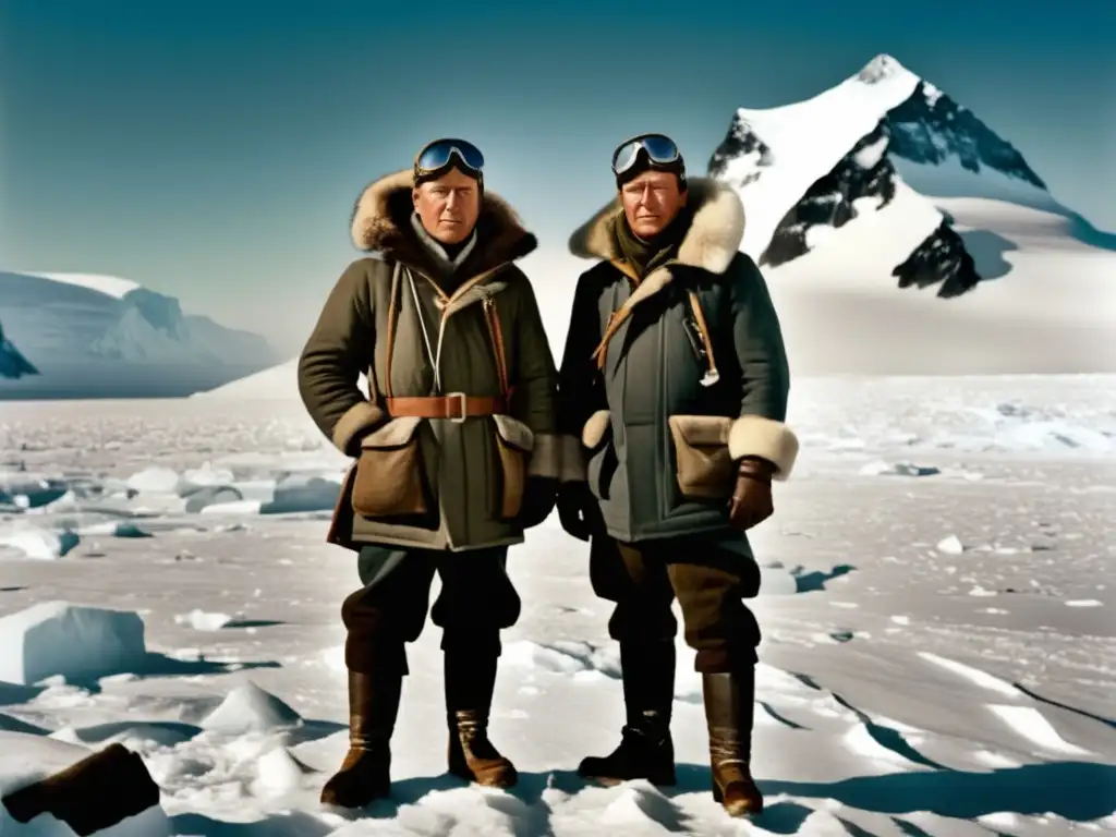 Conquista del Polo Sur: Amundsen y Scott en la imagen del paisaje antártico, listos para la expedición