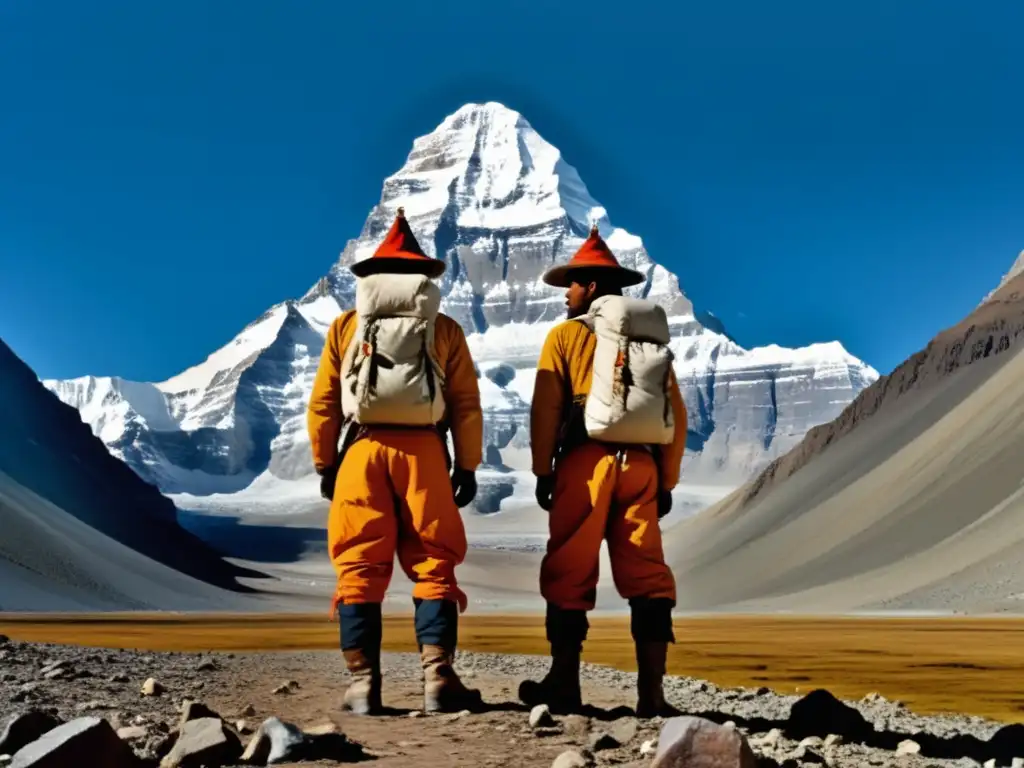 Dos exploradores maravillados ante el imponente Monte Kailash, símbolo de aventura y descubrimiento