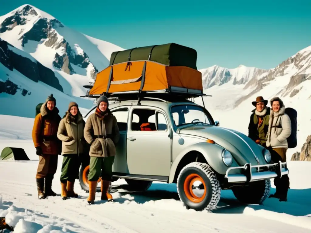 Exploradores en vehículo vintage Grupo de exploradores frente a vehículo Volkswagen Beetle modificado en una montaña nevada