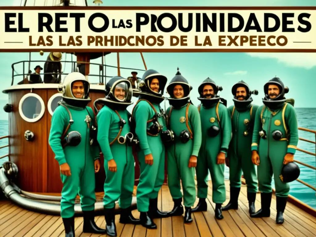 Exploradores en trajes vintage se preparan para expedición submarina en 