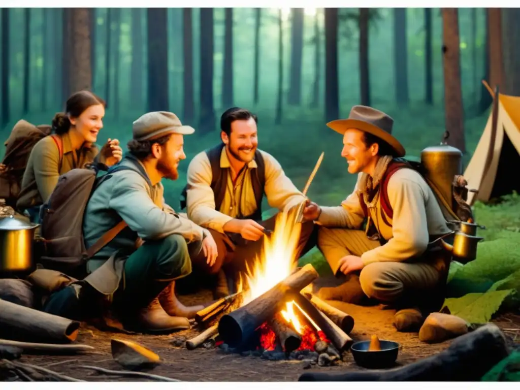 Exploradores preparando comida en un bosque: gastronomía en las expediciones