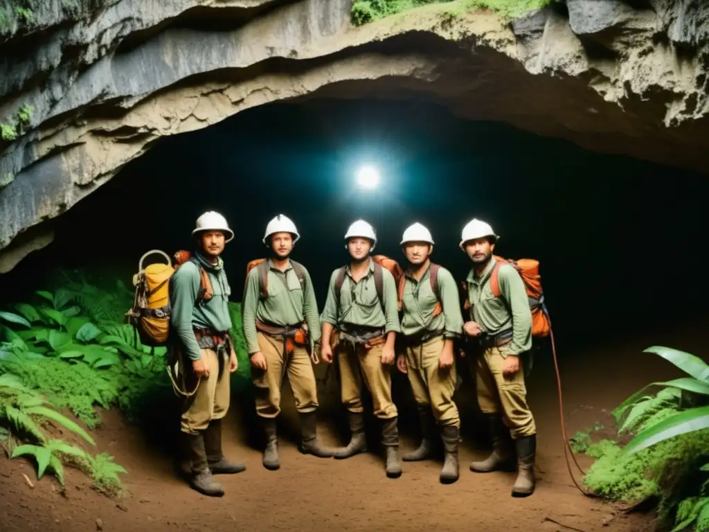 Desafío en el Abismo: Experto equipo de espeleólogos listos para explorar cueva misteriosa rodeada de vegetación exuberante