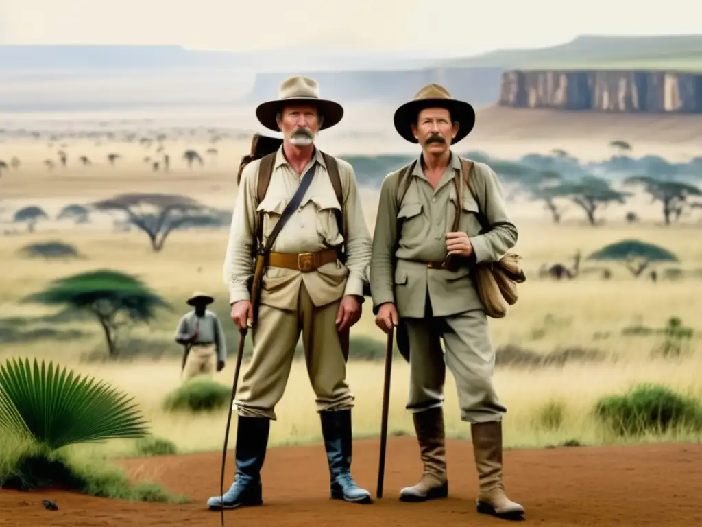 Livingstone y Stanley explorando juntos en África, reflejando valentía y aventura en paisaje africano vintage