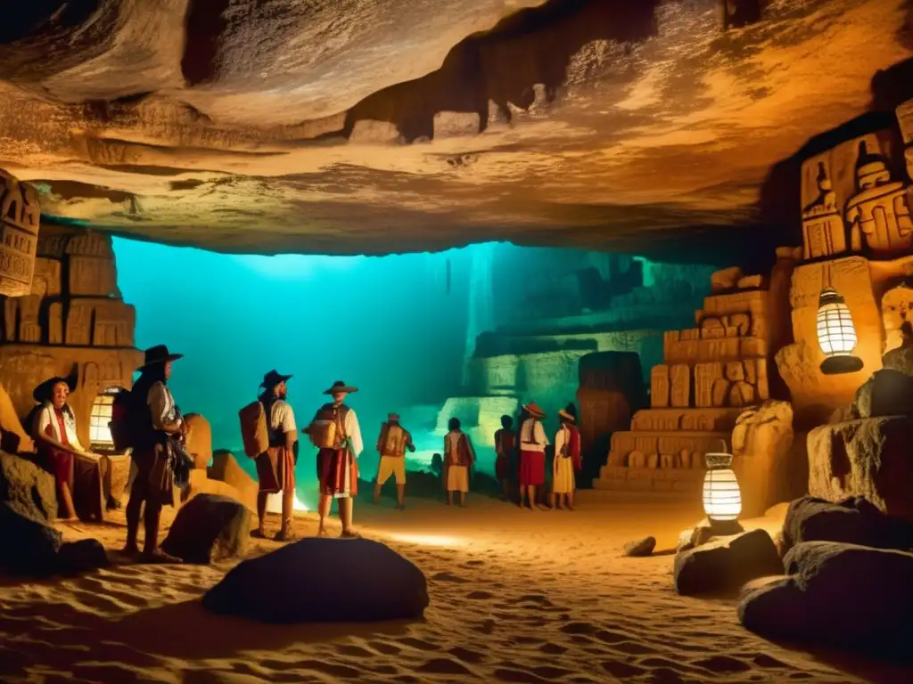 Exploradores en cuevas sagradas Mayas: vestidos arqueológicos, iluminados por linternas, rodeados de jeroglíficos y estalactitas