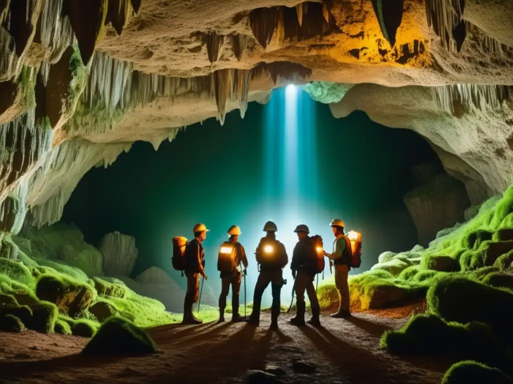 Exploradores en cueva subterránea, cautelosos en expediciones subterráneas