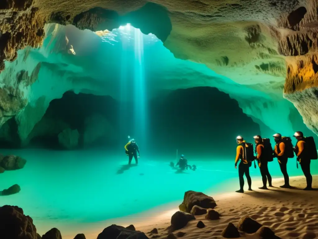 Exploradores en cueva submarina, expediciones peligrosas