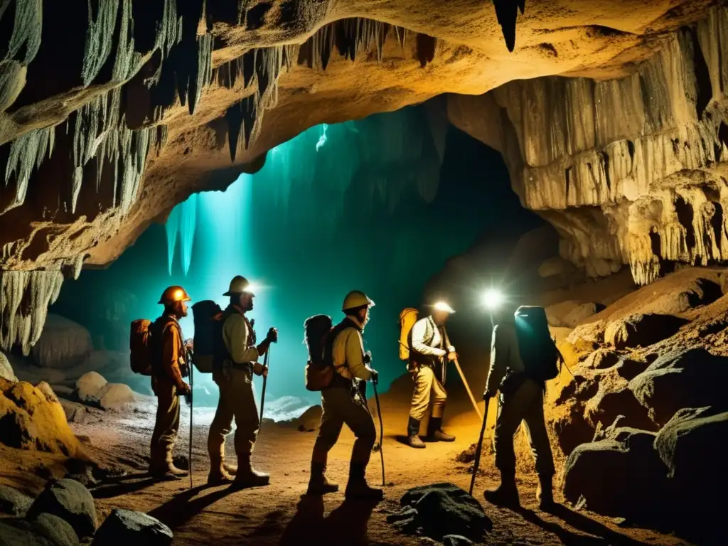 Exploradores en cueva subterránea con estalactitas y estalagmitas, iluminados por potentes lámparas frontales