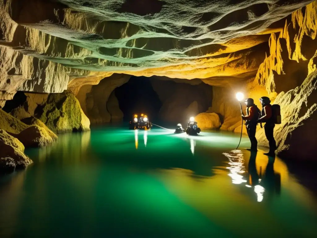 Expediciones peligrosas en cueva sumergida con exploradores en trajes de buceo vintage