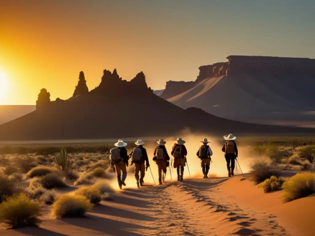 Exploradores en Desierto de los Pinacates, al atardecer, rodeados de formaciones volcánicas y un cactus solitario