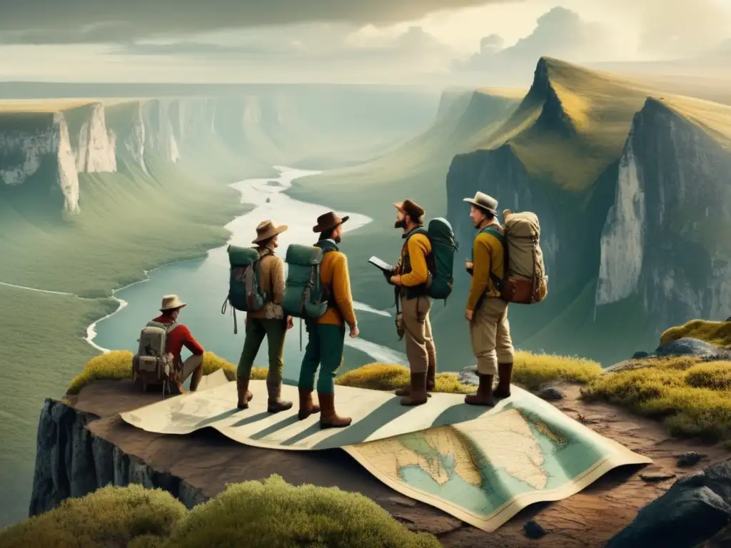 Exploradores en el borde de un acantilado, transición de brújula a GPS, drones e innovación en exploración