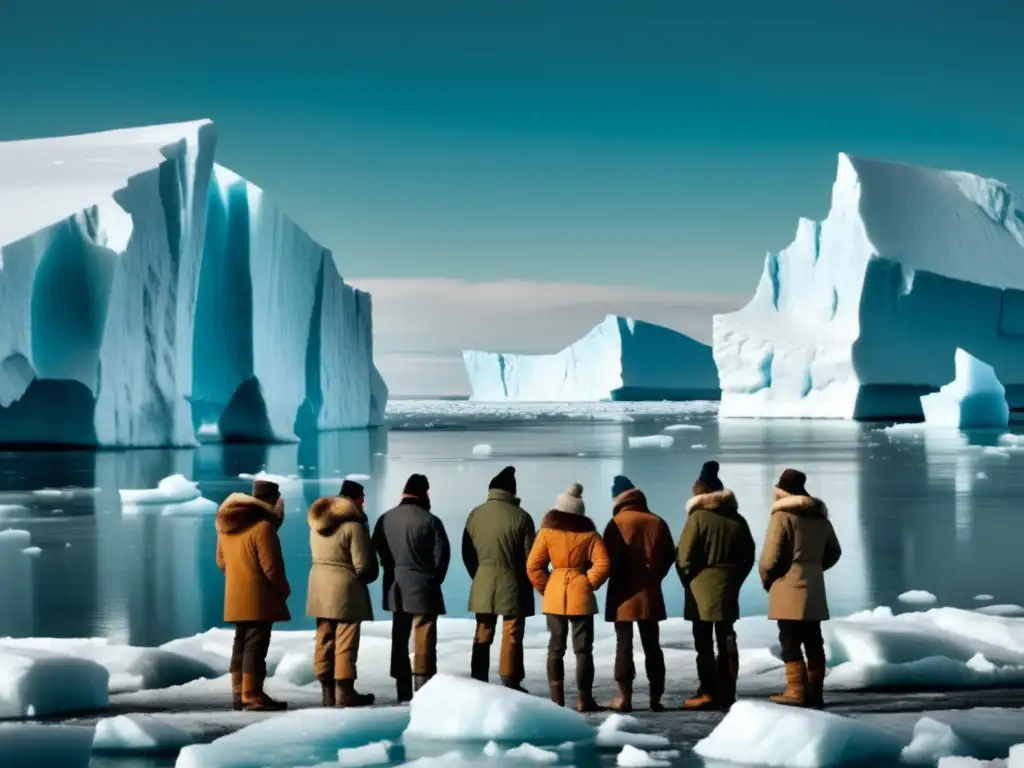 Expediciones al Ártico: grupo de exploradores en peligrosa travesía, rodeados de hielo flotante y navegando en un barco de madera