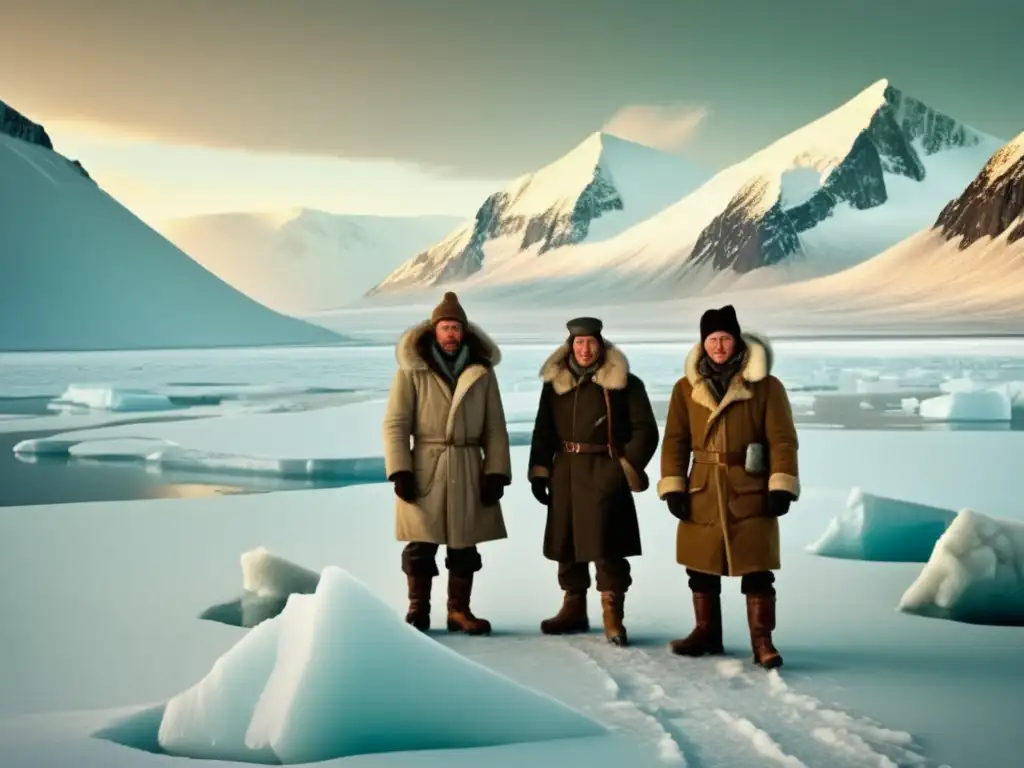 Grupo de exploradores en el Ártico, admirando montañas nevadas