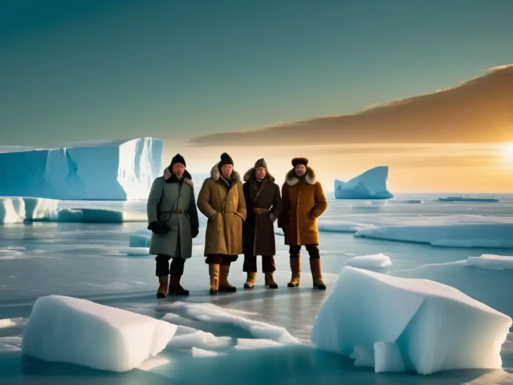 Grupo de exploradores en el Ártico, rodeados de icebergs, planificando expediciones