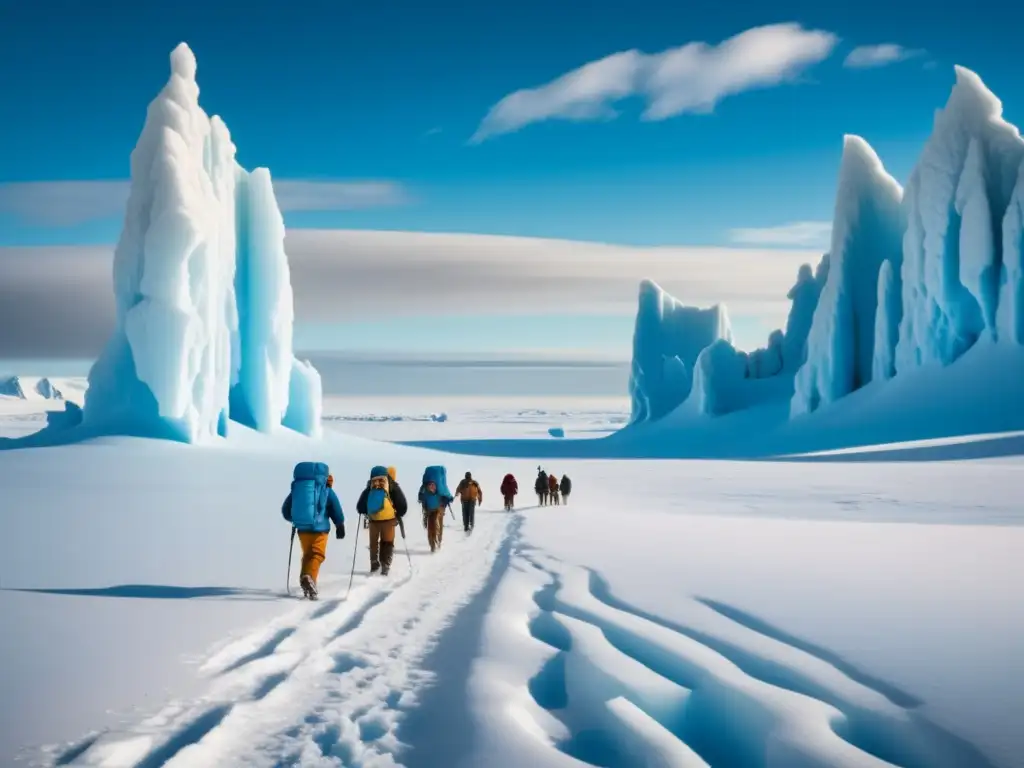 Los Desafíos Logísticos de las Expediciones al Ártico: Exploradores en paisaje invernal, rodeados de hielo y llevando suministros