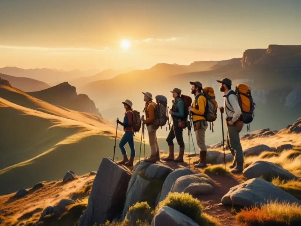 Grupo de aventureros en un paisaje remoto y salvaje, con montañas nevadas al fondo