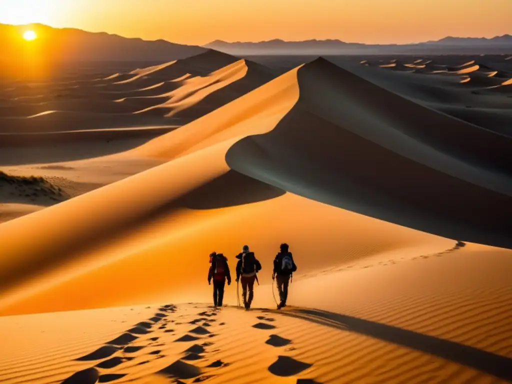 Paisaje desértico dorado con exploradores en expedición en Australia