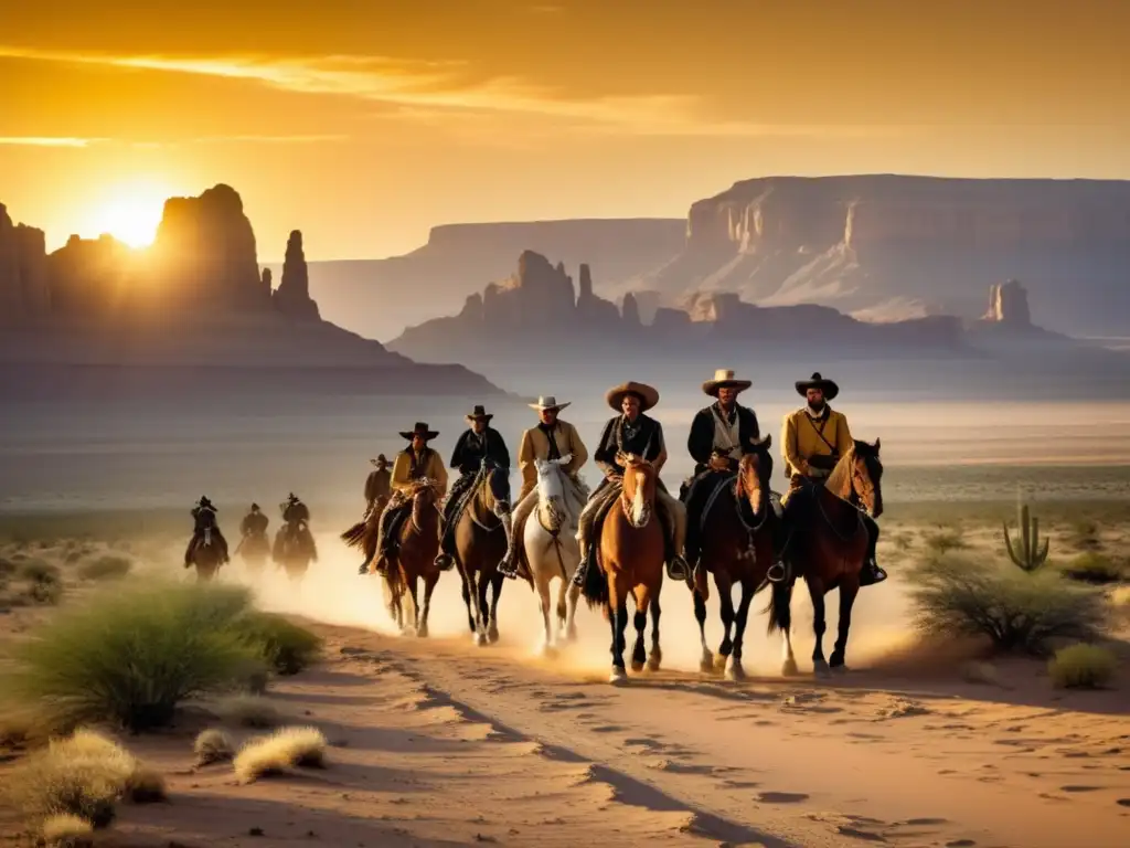 Expedición de Coronado en paisaje desértico con exploradores a caballo, vestidos como conquistadores españoles