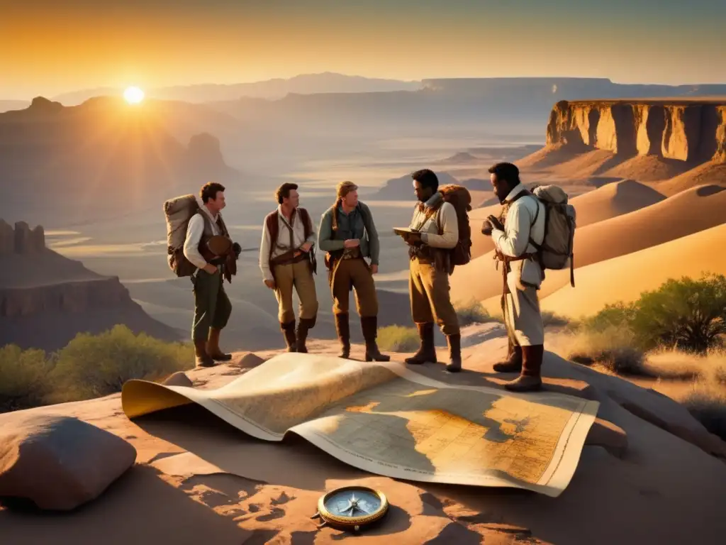 Grupo de exploradores en paisaje vasto y agreste, brújula y mapa antiguos, transición a GPS: Innovaciones en exploración