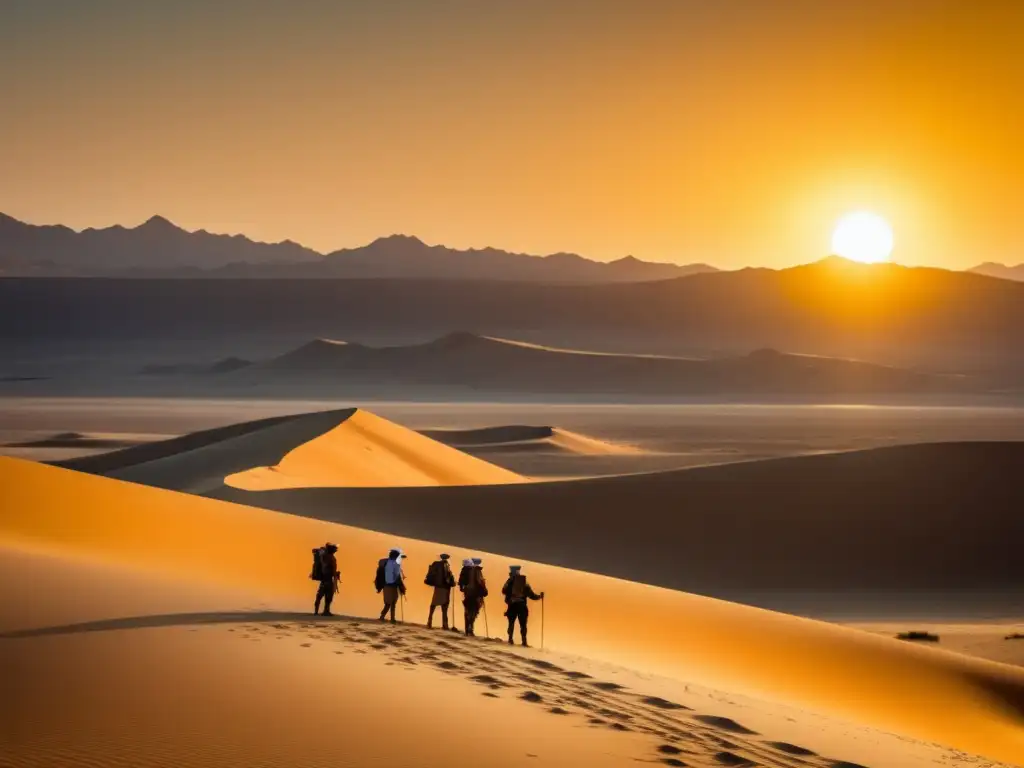 Exploradores en el Desierto Karakum, con duna de arena y caravana de camellos