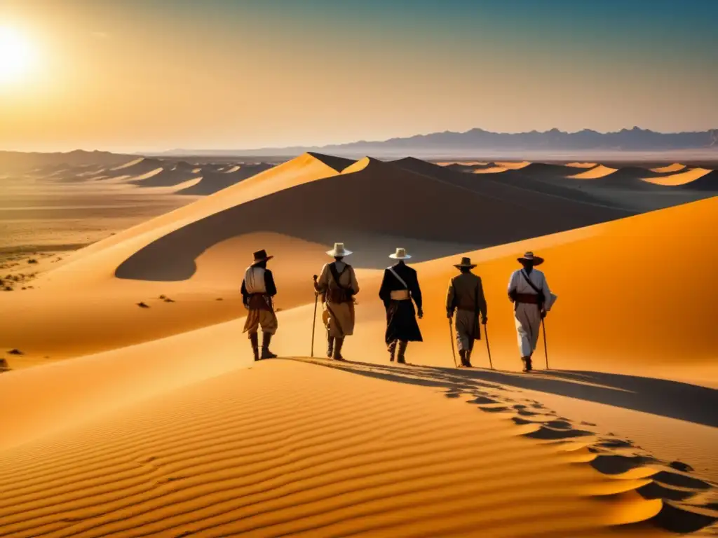 Expedición al Desierto de Karakum: exploradores en vasto paisaje árido con caravana de camellos