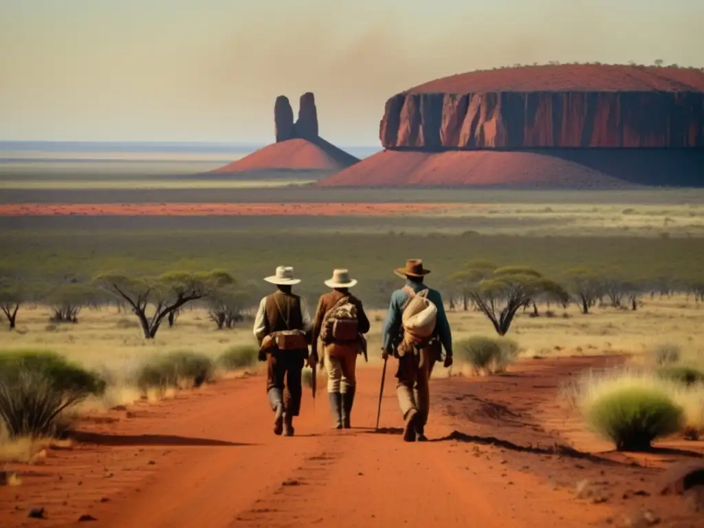 Paisaje del Outback australiano en el siglo XIX con exploradores de la Expedición de Burke y Wills