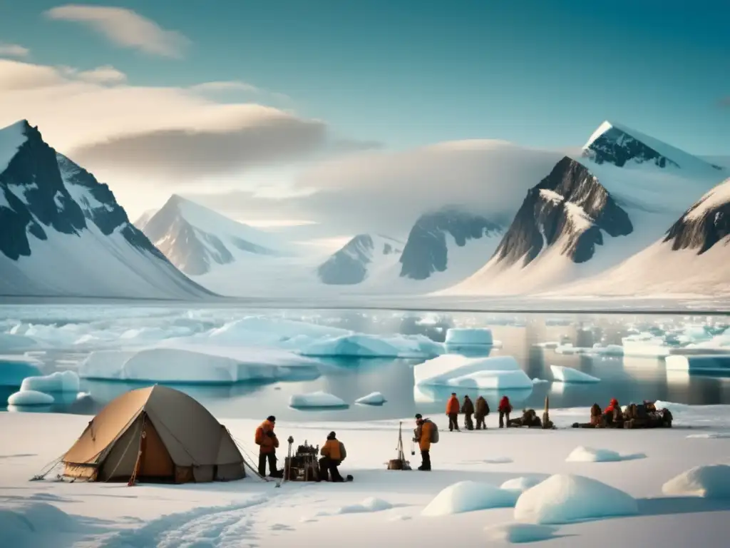 Expediciones extremas en paisaje ártico con montañas nevadas y exploradores científicos