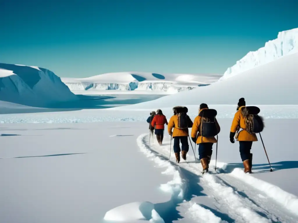 Grupo de exploradores en travesía del Polo Norte, enfrentando desafíos climáticos y supervivencia