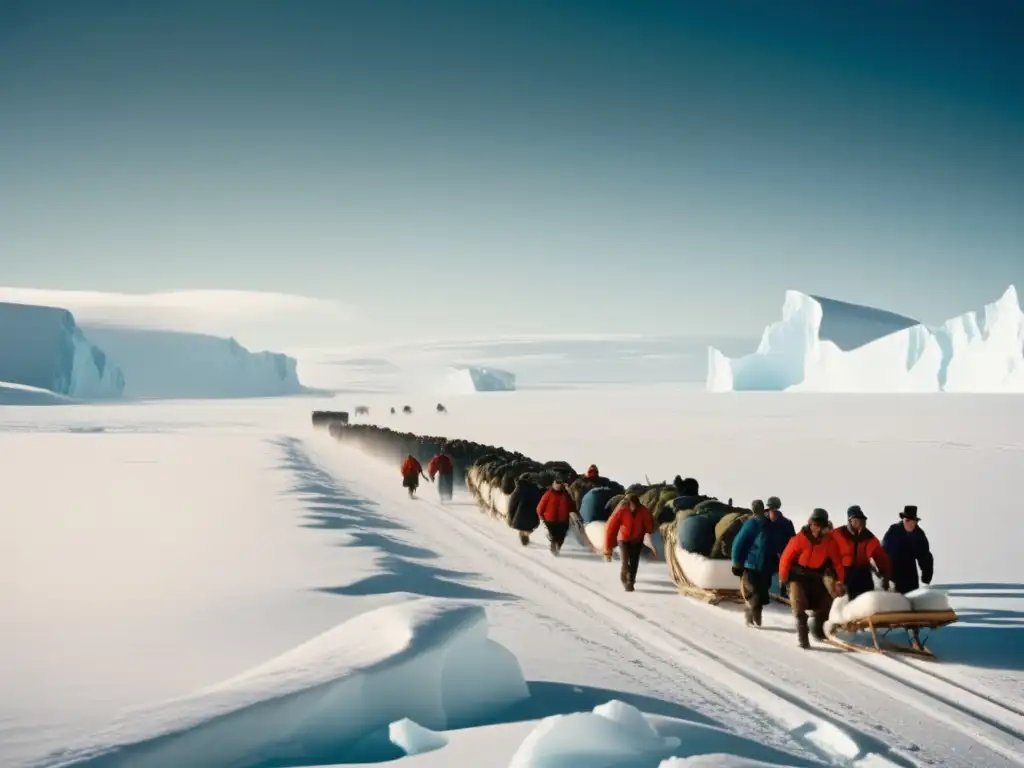 Paisaje helado del Polo Sur con exploradores en travesía: conquista del Polo Sur